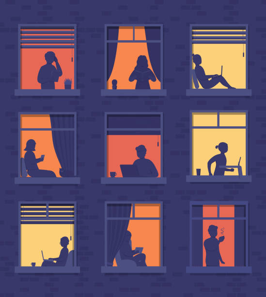 ilustrações de stock, clip art, desenhos animados e ícones de people in windows apartment building look out of  room or apartment, work on laptop, talk on phone, drink coffee, read books, run on treadmill. concept of surroundings house in evening with people in window frames. - apartment