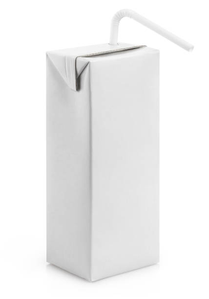 Blank carton juice pack with plastic tube on white