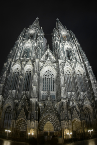 Cologne Cathedral, Germany, front entrance, night; low, wide angle