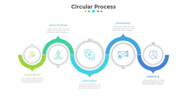 Modern Infographic Template Five paper white circular elements arranged in horizontal row and curved line with arrows. Concept of marketing project with 5 steps or stages. Simple infographic design template. Vector illustration blank timeline infographic stock illustrations