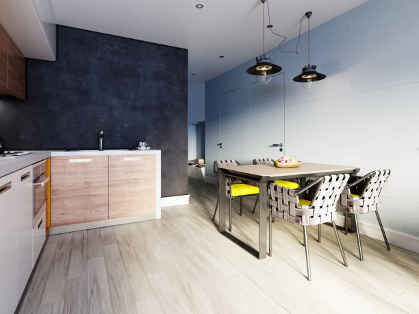 istock Dining metal table with decor and four designer wicker chairs. Scandinavian interior design, nordic style. 1249340302