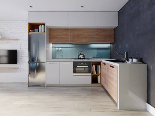 istock Kitchen in blue and white color with a dining table, contemporary style. 1249340497