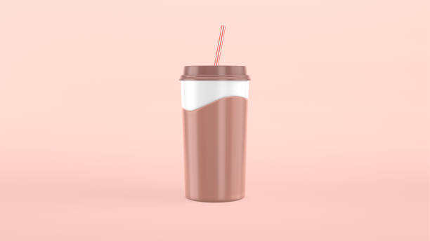 istock 3D rendering paper cup cocoa, chocolate milkshake. Slow motion wave splash. Craft, plastic cup with a straw cartoon style. 1249341428