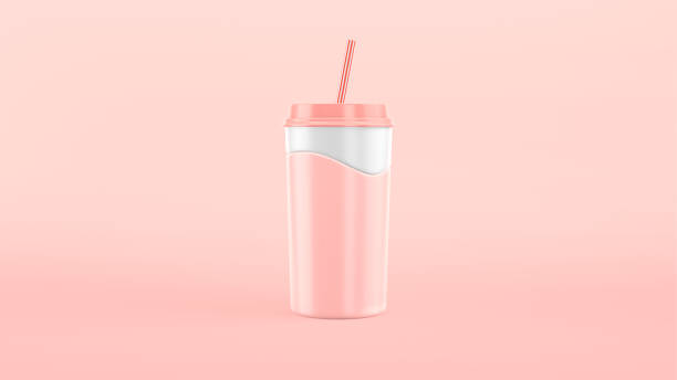 istock 3D rendering paper cup pink strawberry milkshake, milk. Slow motion wave splash. Craft, plastic cup with a straw cartoon style. 1249341429