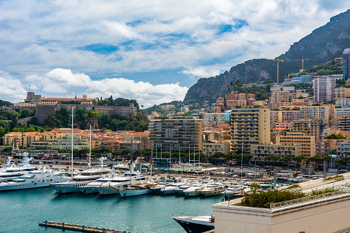 Monte Carlo, Monaco - June 13, 2019 : Monte Carlo is a city in Monaco, situated on a prominent escarpment at the base of the Maritime Alps along the French Riviera.