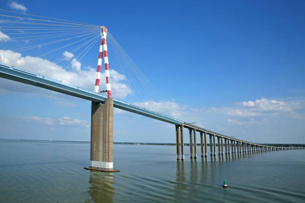 View of the Saint-Nazaire Bridge which is a cable-stayed bridge spanning the Loire River, linking Saint-Nazaire on the north bank and Saint-Brevin-les-Pins on the south bank, Loire-Atlantique, Pays de la Loire, France.