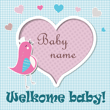 Greeting baby shower card with bird and heart