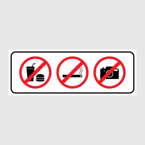 A sign for a ban on eating, smoking, and taking pictures with red sign A sign for a ban on eating, smoking, and taking pictures with rectangle style. Ban on eating symbol. Ban on smoking symbol. Ban on taking pictures symbol vector Illustration design. no photographs sign illustrations stock illustrations