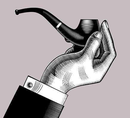 Hand holding a classic tobacco pipe. Vintage engraving black and white stylized drawing. Vector illustration