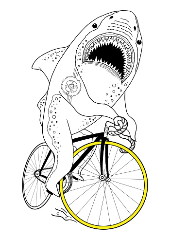 Shark on a bike. Can be used as a poster on the wall, print on a t-shirt, magazine cover, coloring page for adults.