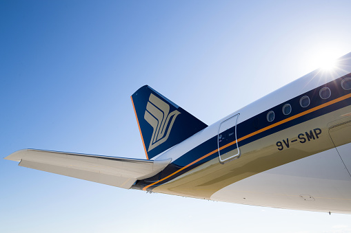 Zurich, Switzerland - June 12, 2020: Singapore Airlines Airbus A350 tail section at Zurich International Airport. Singapore Airlines Limited is the flag carrier airline of Singapore with its hub at Singapore Changi Airport.