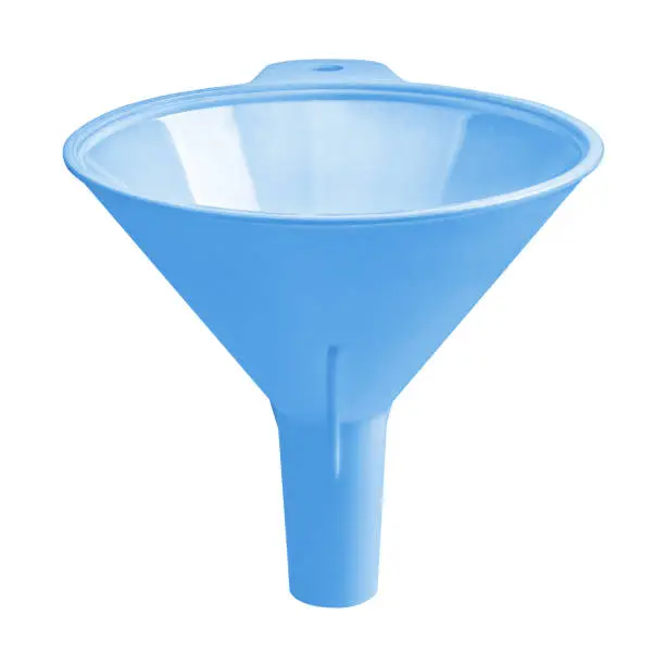 Photo of Close-up of blue plastic funnel on white