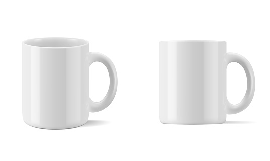Vector realistic mockup (template, layout) of a mug for drinks front view, perspective view. White blank isolated cup. EPS 10