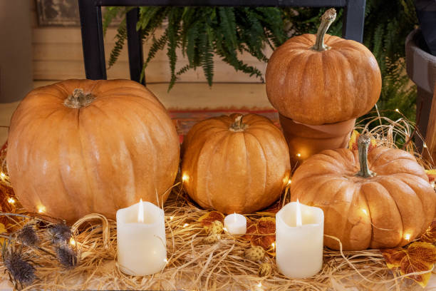 istock Halloween Pumpkins with candles straw 1249355674