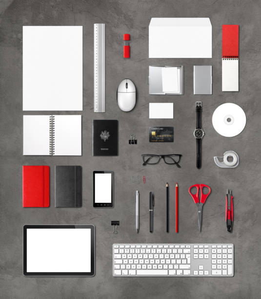 istock Office supplies mockup template, concrete background 1249362311