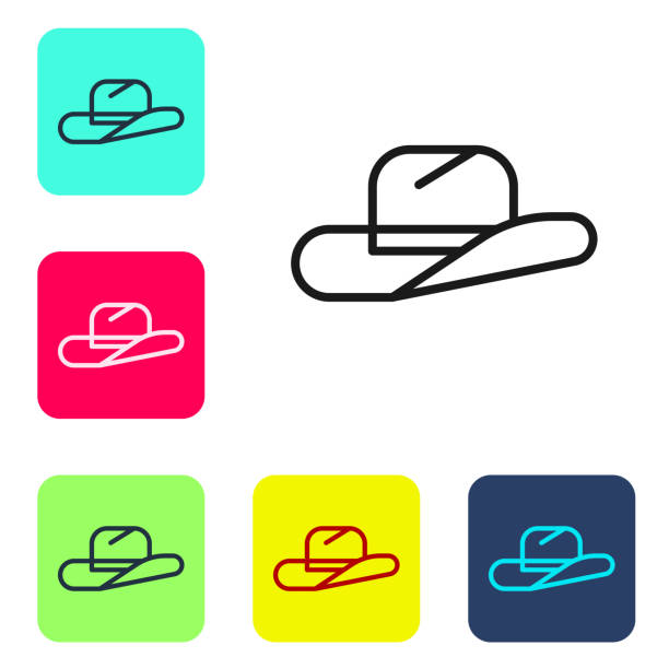 黒い線の西部カウボーイハットアイコンは、白い背景に隔離されています。カラーの四角いボタンにアイコンを設定します。ベクトルの図 - cowboy hat hat country and western music wild west点のイラスト素材／クリップアート素材／マンガ素材／アイコン素材