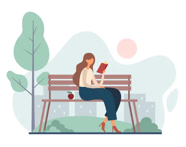 Vector illustration of Woman reading book in park. Flat vector cartoon illustration