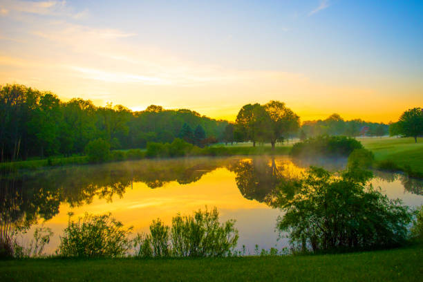 Beautiful early morning golf game at the course in the sunrise and panoramic view