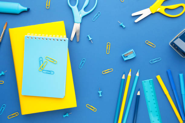 istock School supplies on blue background. Back to school. Flat lay. 1249365232