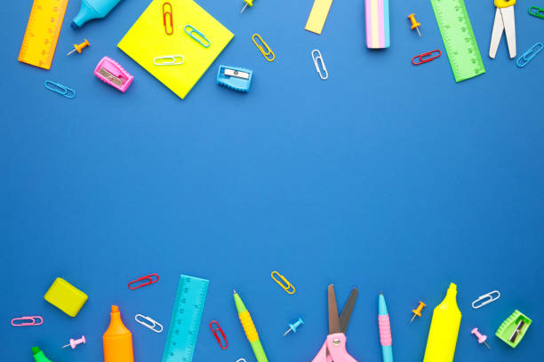 istock Back to school concept on blue background. Top view 1249365330