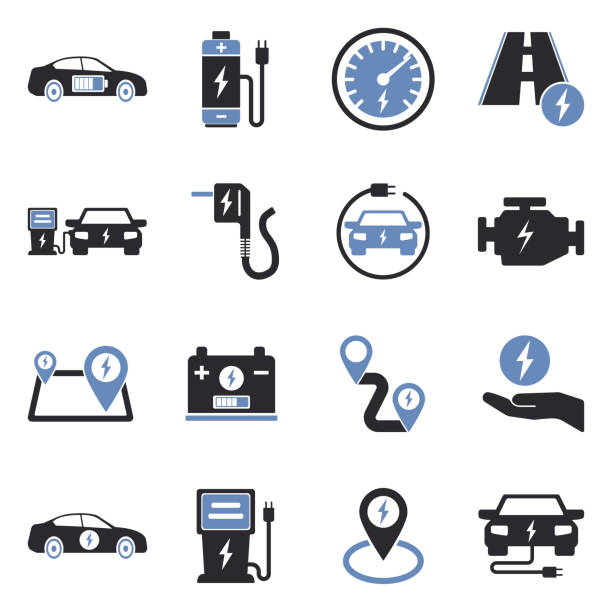 ilustrações de stock, clip art, desenhos animados e ícones de electric car icons. two tone flat design. vector illustration. - road transportation environmental conservation hybrid vehicle