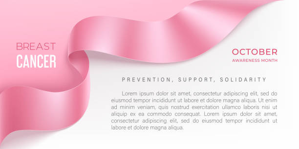 ilustrações, clipart, desenhos animados e ícones de banner vetorial do mês de conscientização do câncer de mama com fita rosa fotorealista - fita de consciência para o câncer de mama