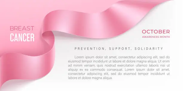 Vector illustration of Breast cancer awareness month vector banner with photorealistic pink ribbon