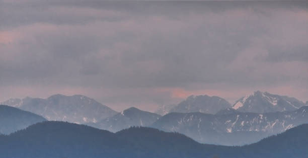 mountain panorama of the bavarian alps - layered mountain peak summer light imagens e fotografias de stock