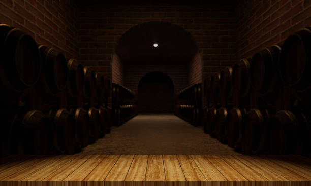 istock Wooden barrels for wine fermentation. Room for storing multiple wine fermentation tanks. The brick wall is red-orange. 3D Rendering 1249367661