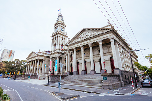 Melbourne, Australia - June 13, 2020: The majestic Fitzroy Town Hall and library near Brunswick St in Fitzroy, Victoria, Australia