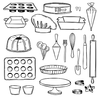 Hand drawn bakery utensils. Baking tools and essentials.  Vector sketch illustration