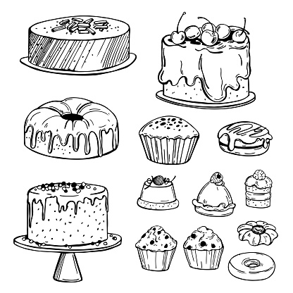 Hand drawn bakery products. Cookies, cakes, muffins. Vector sketch  illustration.