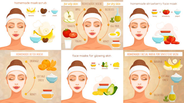 illustrations, cliparts, dessins animés et icônes de ensemble d’infographies dans les recettes pour les masques faits maison. vecteur. soins personnels à la maison. - human skin dry human face peeling