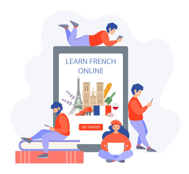 French language learning. Online education. Vector concept for courses and online schools. Learning French. Concept on the topic of online education and work. Tiny people learn a language over the Internet. Vector banner in flat style for online language school or courses. french language learn stock illustrations