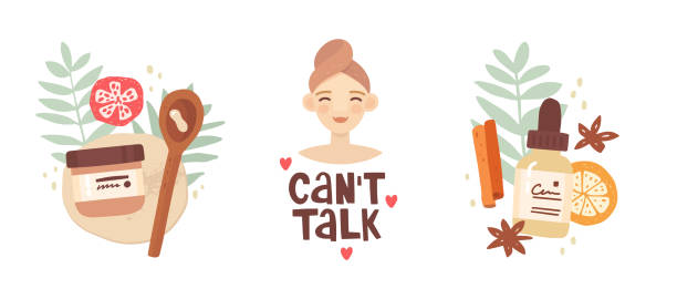 Bundle beauty treatment Illustration, stickers design. Girl with a towel on head and lettering can't talk. Compositions with skincare products. Cream and serum packaging, fruits, spices and tropical leaves. Beauty procedure hair posters for salon stock illustrations