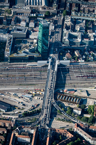 The city of Zurich from an airplane window.