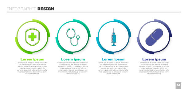 ilustraciones, imágenes clip art, dibujos animados e iconos de stock de establecer escudo médico con cruz, estetoscopio, jeringa y píldora de medicina o tableta. plantilla infográfica de negocio. vector - healthcare and medicine medical exam capsule vitamin a