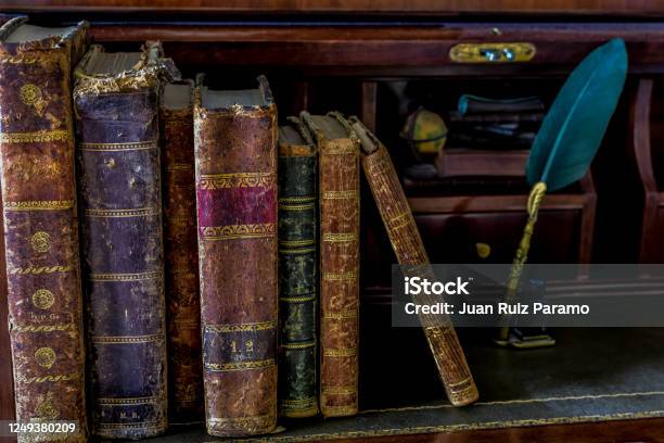 Old Books On Desk And Pen Writing Stock Photo - Download Image Now - Poetry - Literature, Old, Indoors