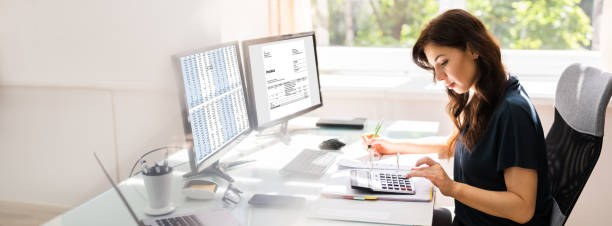 accountant using e invoice software at computer - occupation office bill finance imagens e fotografias de stock