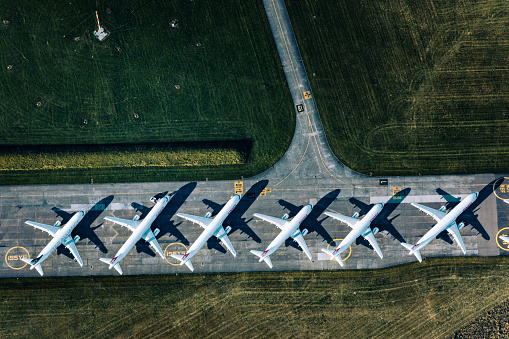 A long line of parked airplanes at Dübendorf Airport from the air. The Swiss airline industry was hit hard by the coronavirus crisis.