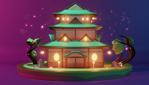 istock Low Poly - japanese house on island in purple blue background .3D rednering 1249381465
