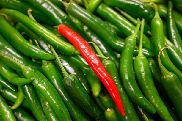 istock vegetables one red and pile green hot chili peppers as background 1249382575