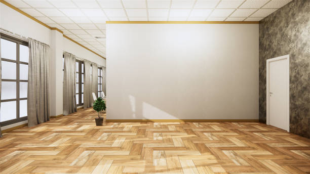 istock empty room interior with wooden floor on white wall background. 3D rendering 1249382841
