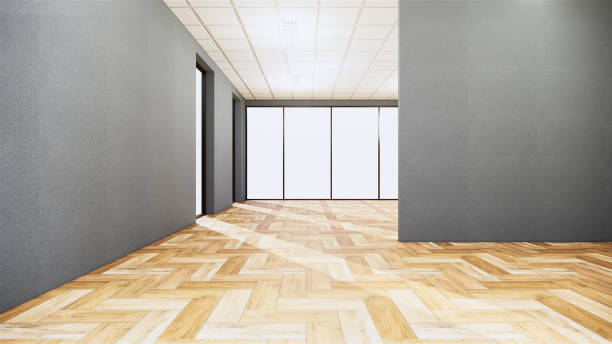 istock empty room interior with wooden floor on white wall background. 3D rendering 1249382949