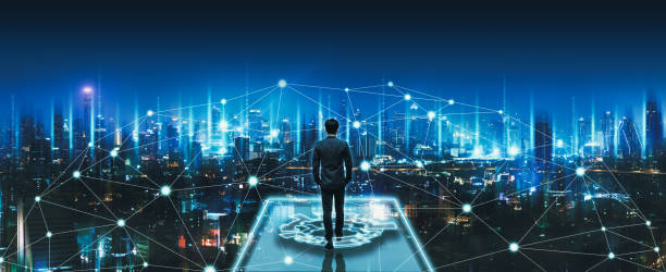istock Business man on future network city technology background 1249388391