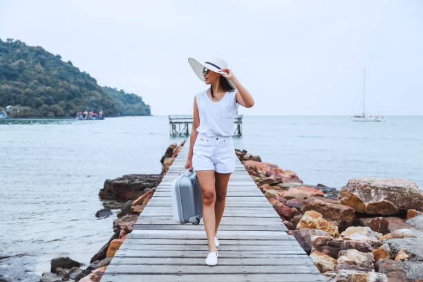 istock Travel woman with suitcase on beach 1249388433