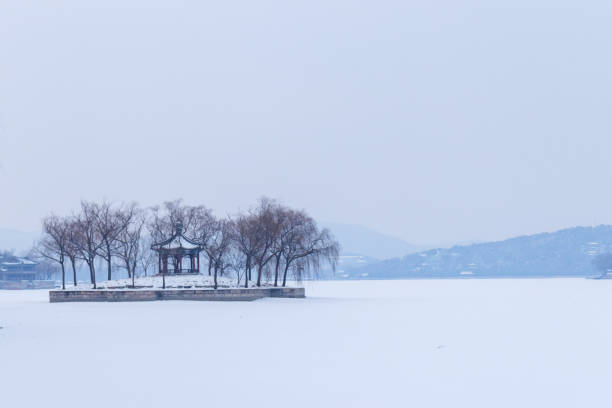 istock Island in the lake after snow 1249389133