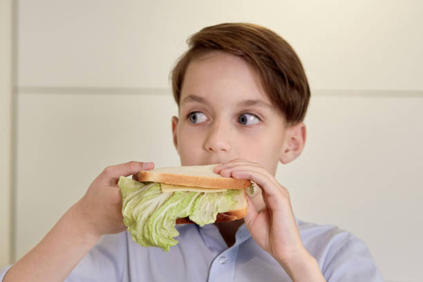 istock Close-up face of a handsome brunet boy who eats a sandwich. 1249389317
