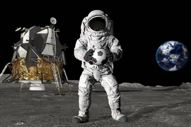 3d rendering Astronaut on the moon playing football. Slow motion. Elements of this video furnished by NASA. 3d rendering Astronaut on the moon playing football. Slow motion. Elements of this video furnished by NASA apollo 11 stock pictures, royalty-free photos & images