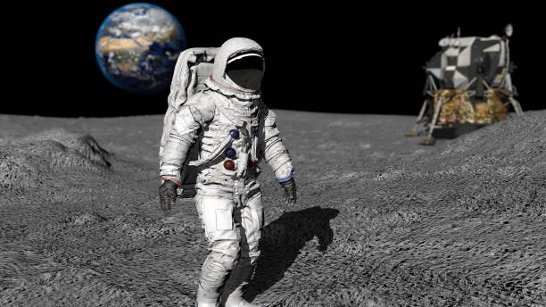 3D rendering. Astronaut walking on the moon. CG Animation. Elements of this image furnished by NASA. 3D rendering. Astronaut walking on the moon. CG Animation. Elements of this image furnished by NASA apollo 11 stock pictures, royalty-free photos & images